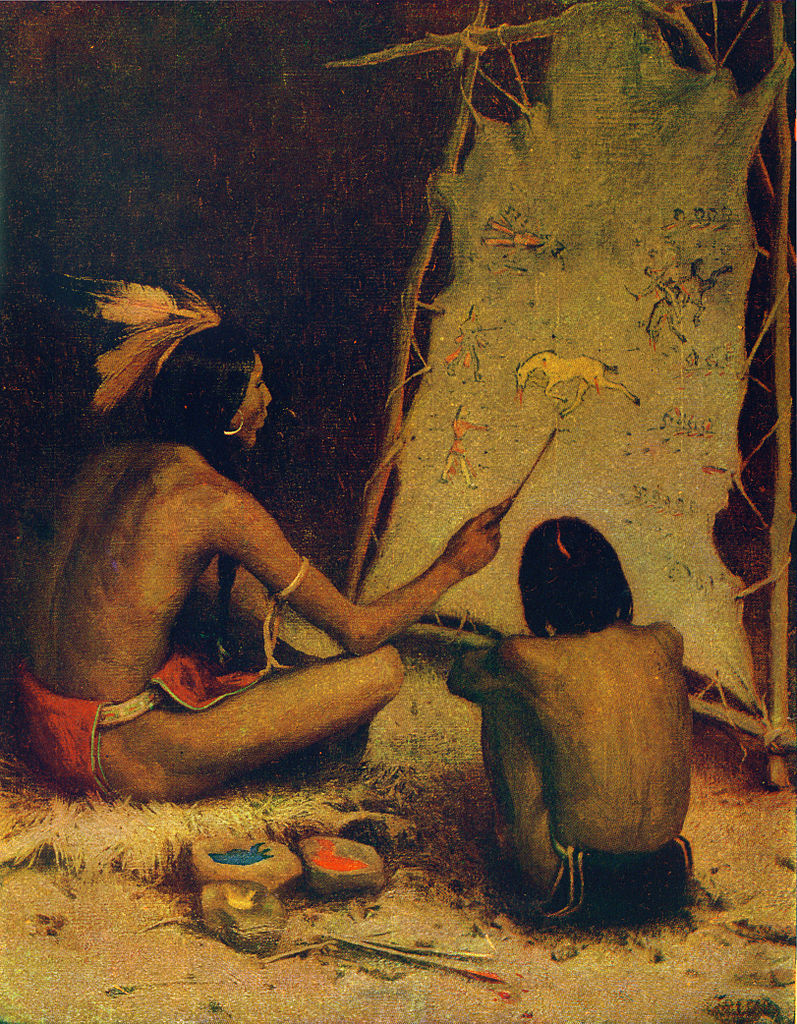 painting of Indians at a stretched buckskin with a story in images